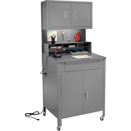 Global Industrial Mobile Cabinet Shop Desk w/ Upper Cabinet, 34-1/2inW x 30inD, Gray 249692CGY